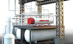 An electric heater sits atop two cylindrical tanks underneath a metallic structure.